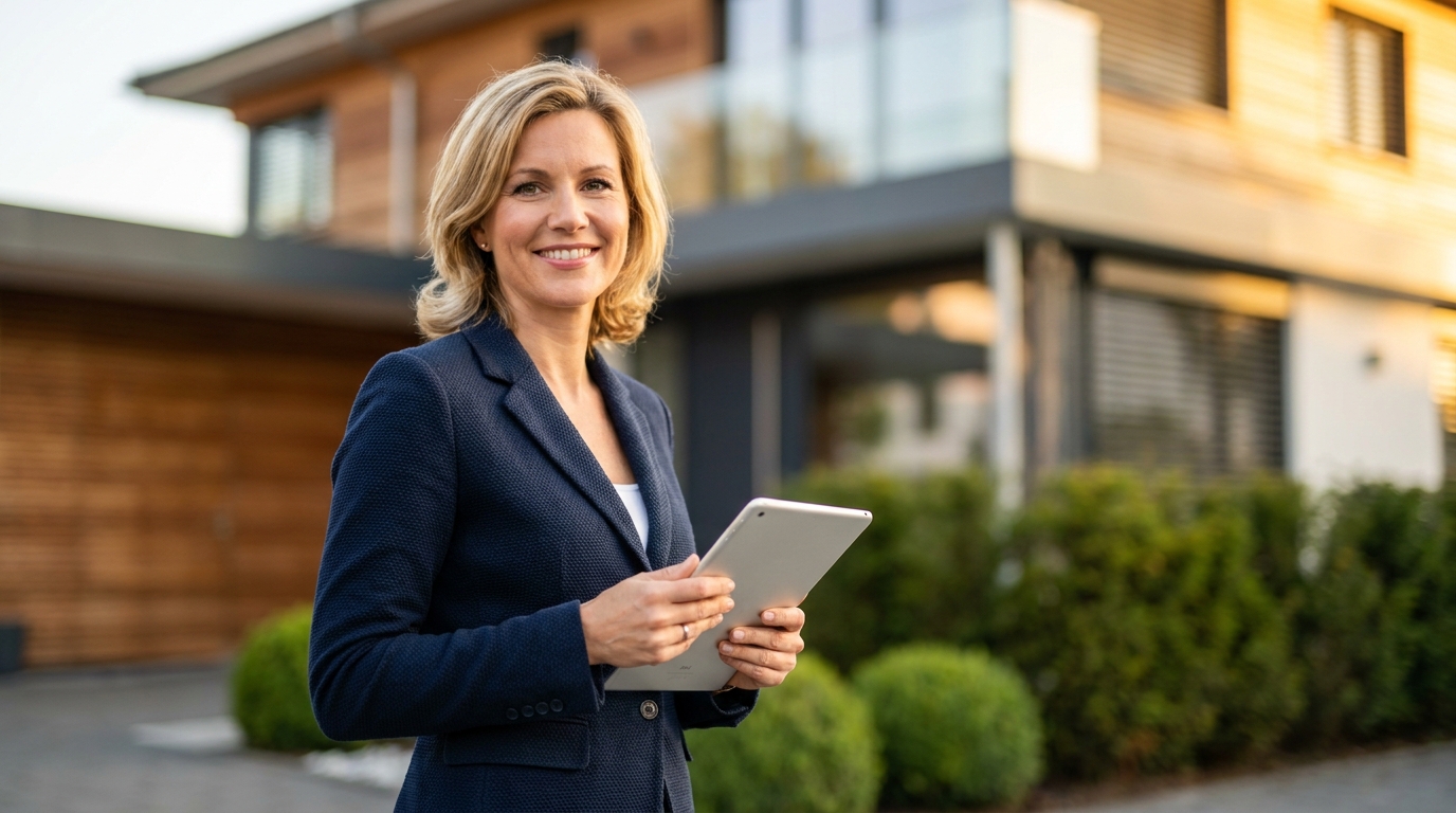 Seriöse Immobilienmaklerin vor einer Premium-Immobilie