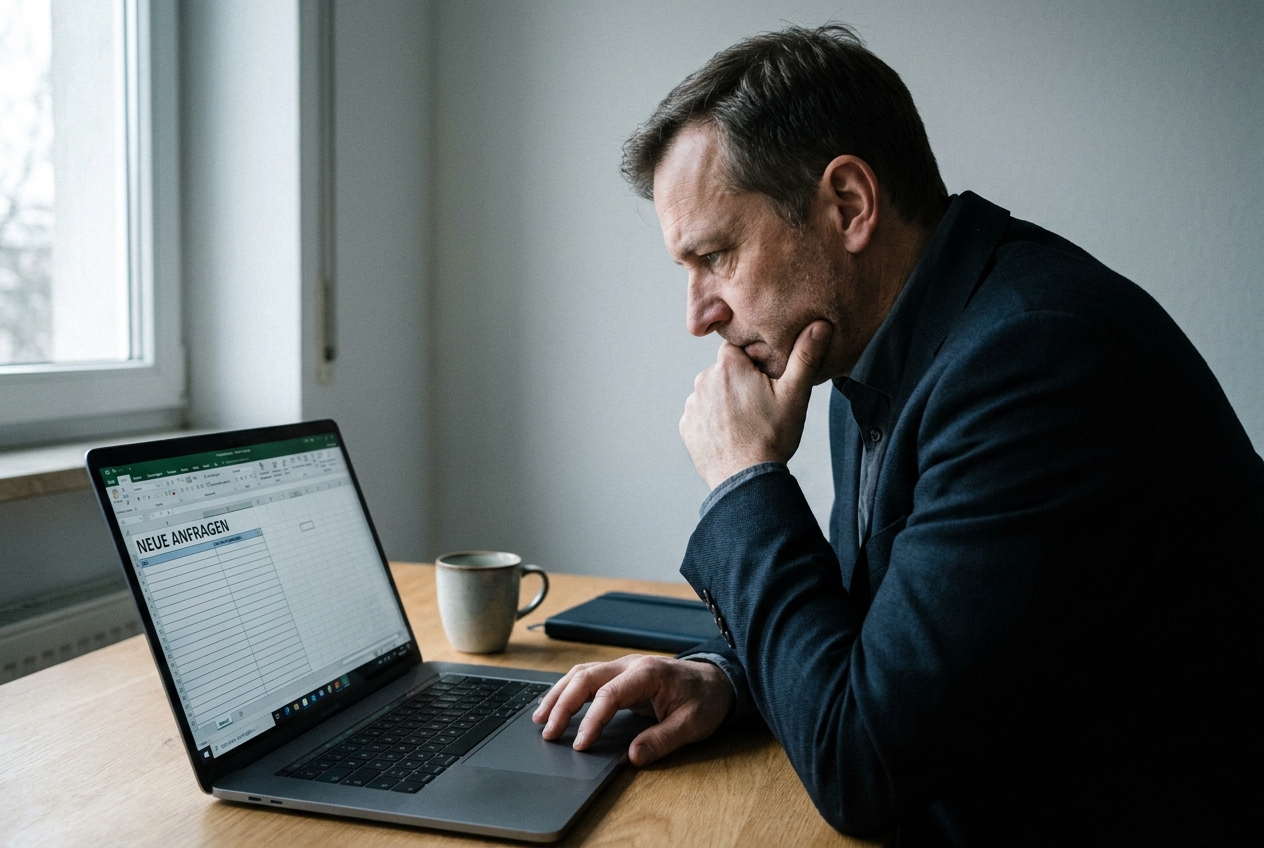 Makler grübelt über eine leere Anfrage-Liste