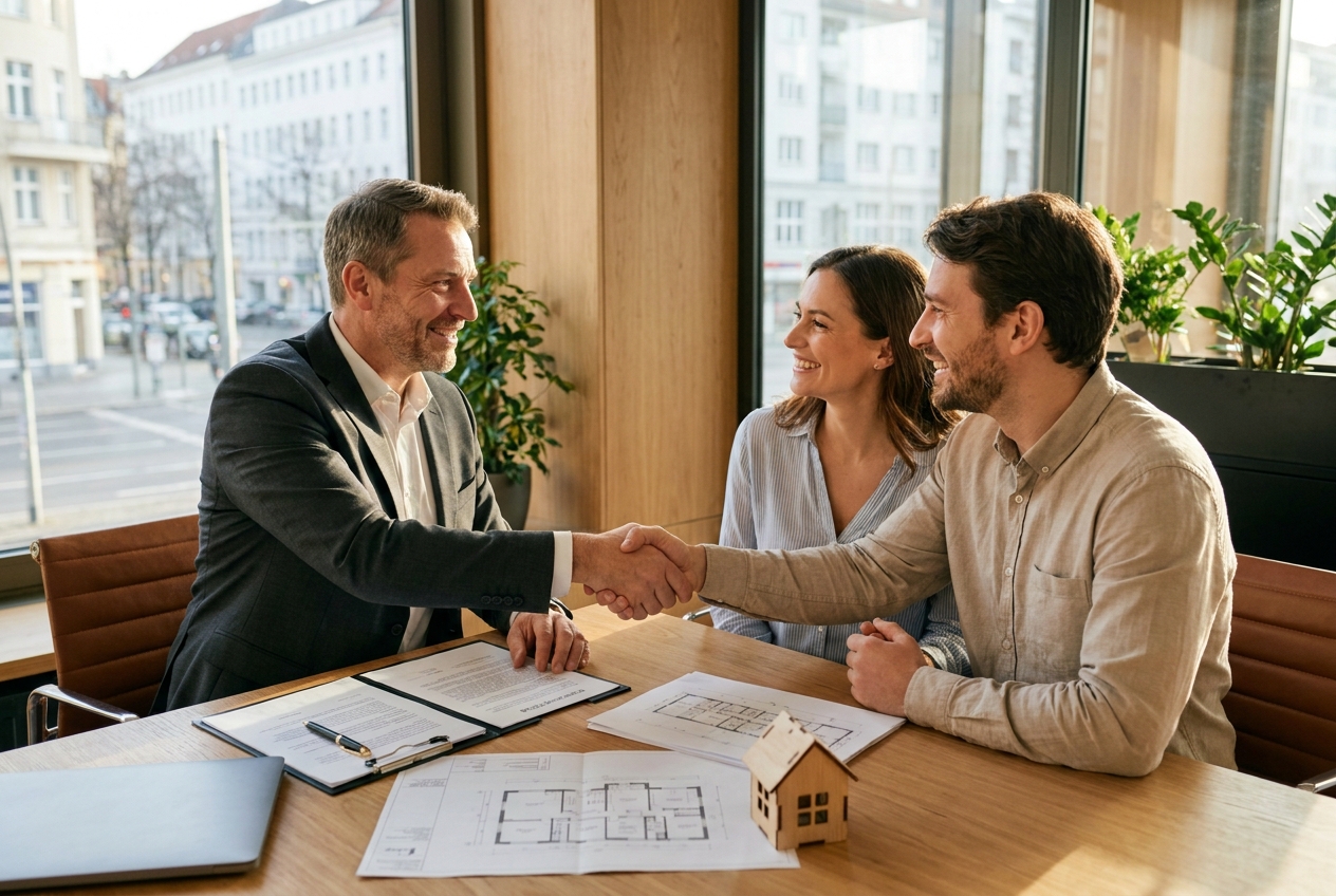 Immobilienmakler bei einer vertrauensvollen Beratung mit Eigentümern